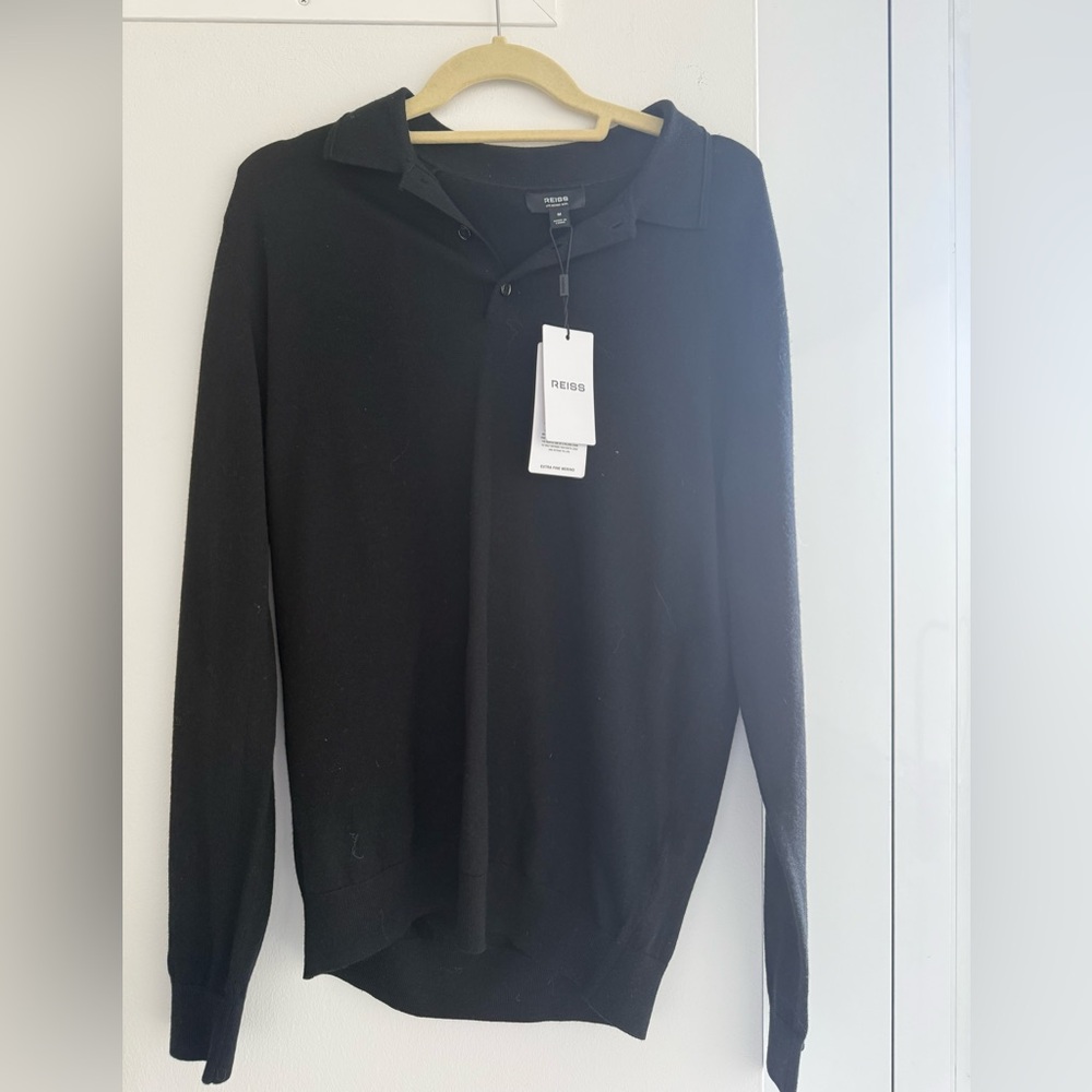 NWT M REISS MERINO WOOL LONG-SLEEVE POLO SHIRT IN BLACK - Picture 4 of 8